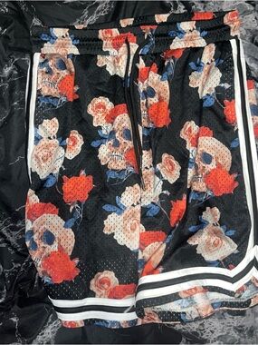 No Boundaries Black Floral Skull Mesh Shorts with Red & Blue Accents size m